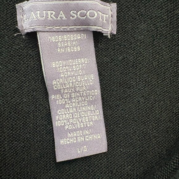 Laura Scott Black Open Front Cardigan Sweater Faux Fur Collar Womens Size L - Picture 5 of 12